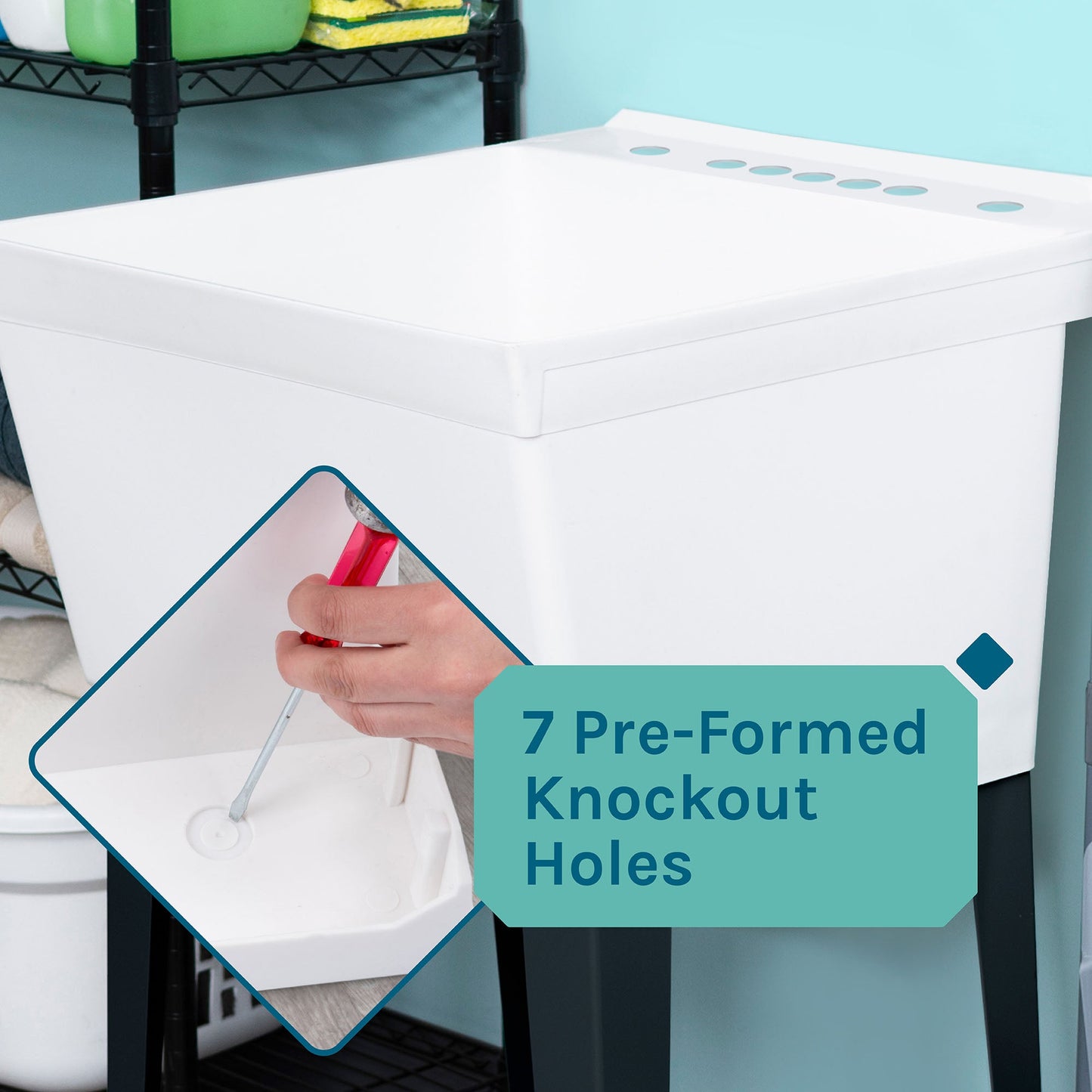 Tehila Standard Freestanding White Utility Sink with Black Legs, Water Supply Lines Included