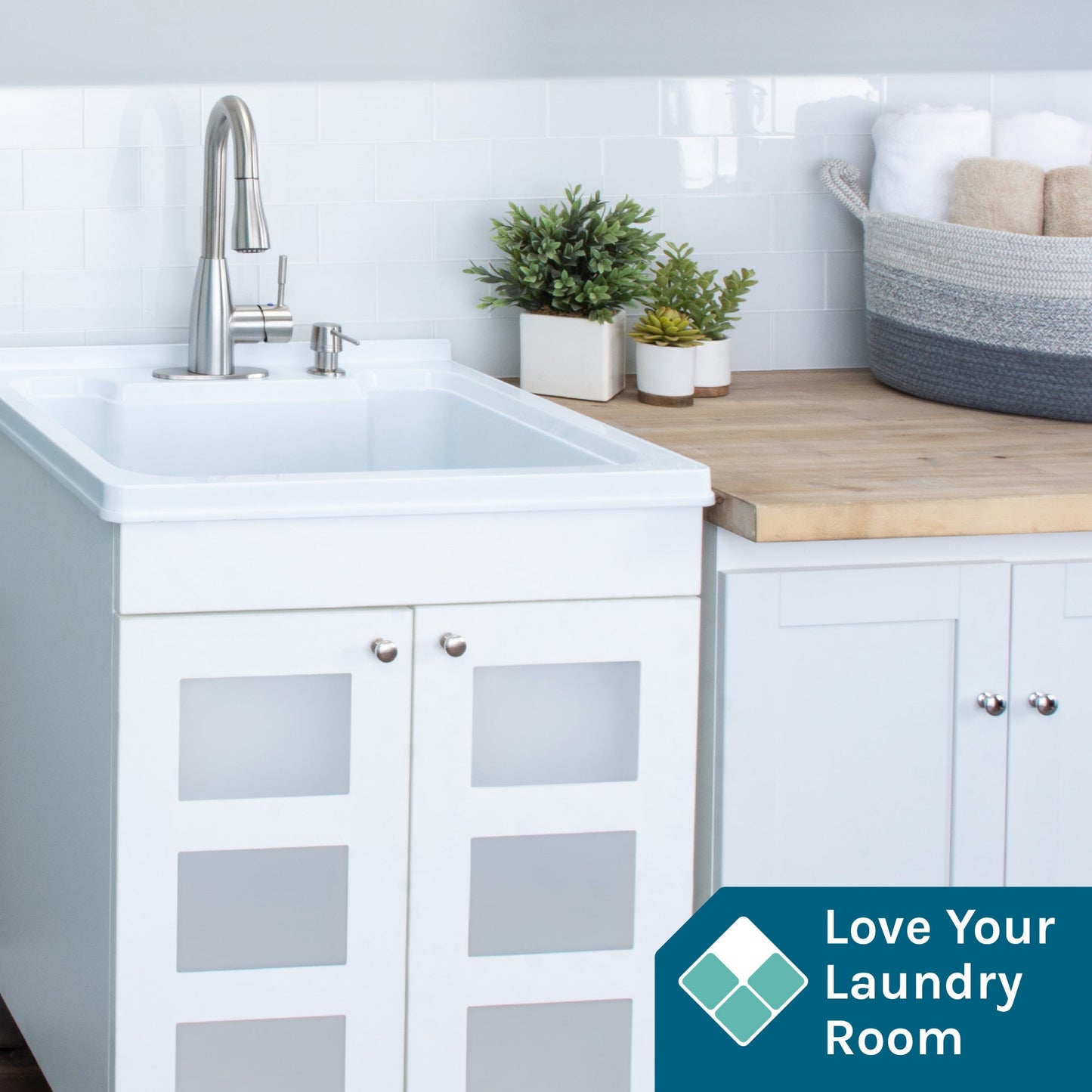 Tehila White Vanity Cabinet and White Utility Sink with Stainless Steel Finish Low-Profile Pull-Down Faucet