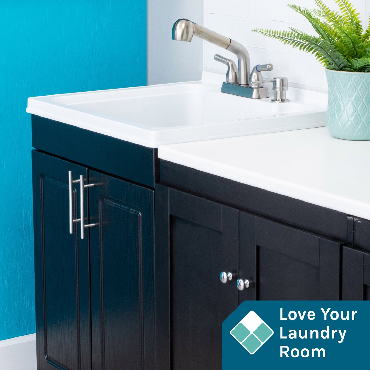 Tehila Black Vanity Cabinet and White Utility Sink with Stainless Steel Finish Pull-Out Faucet