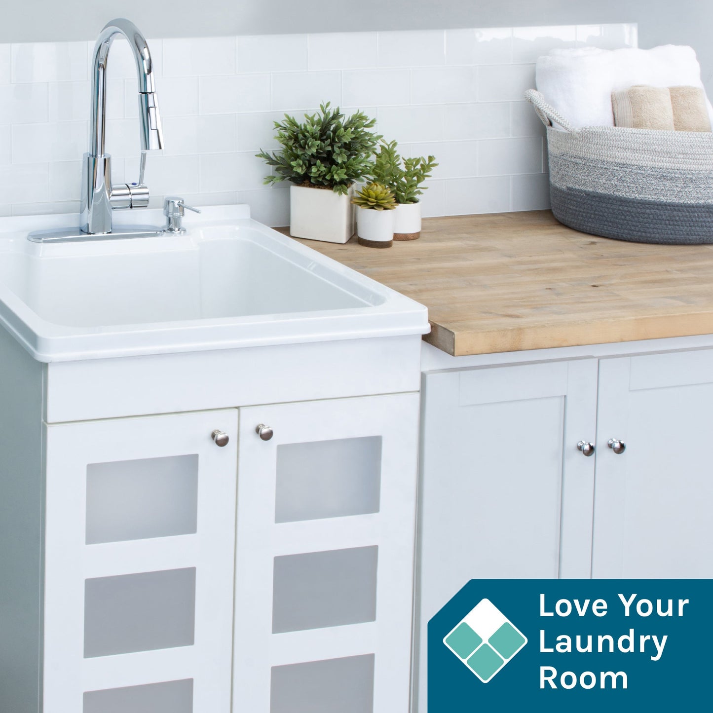 Tehila White Vanity Cabinet and White Utility Sink with Chrome Finish High-Arc Pull-Down Faucet