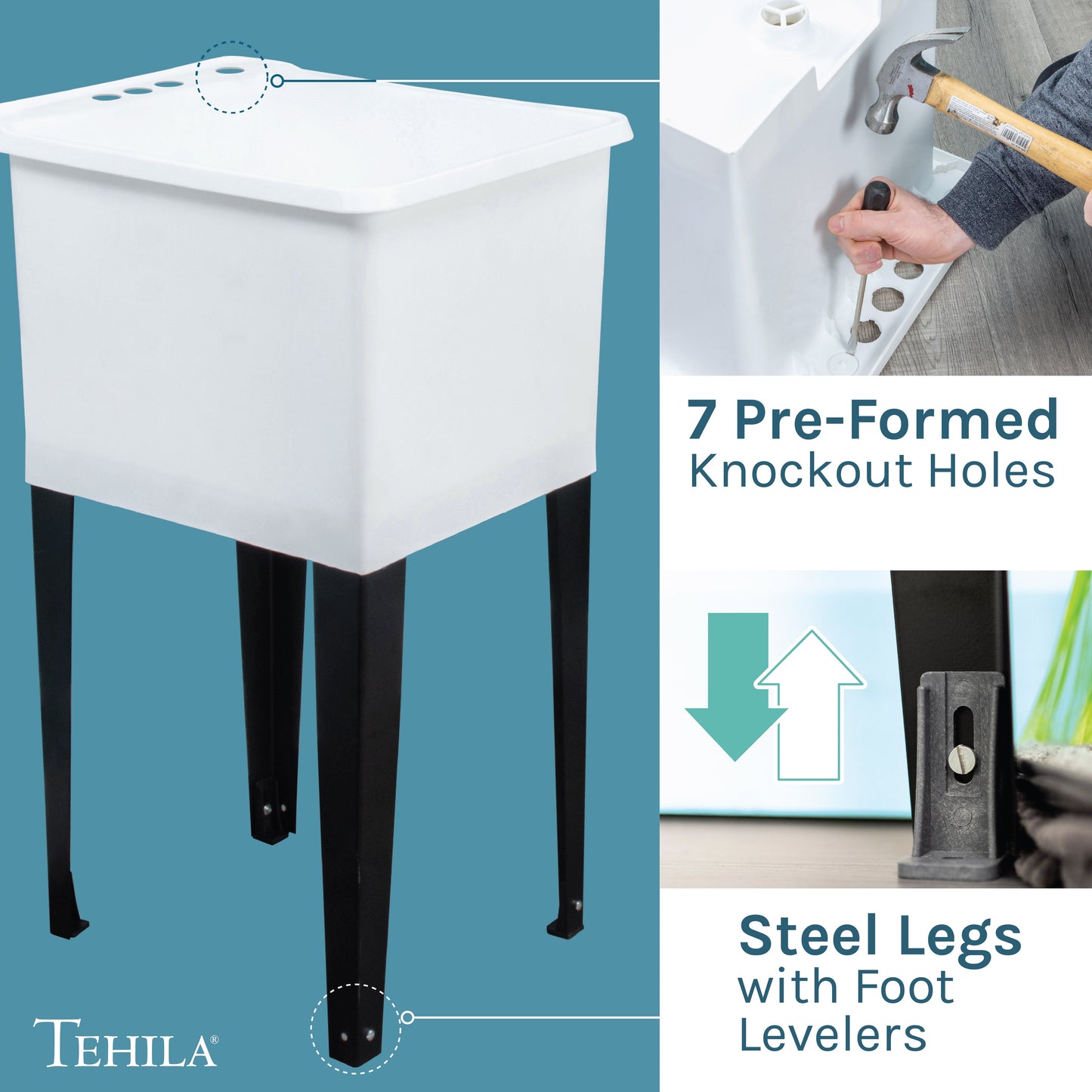 Tehila Space Saver Freestanding White Utility Sink with Stainless Steel Finish Pull-Out Faucet