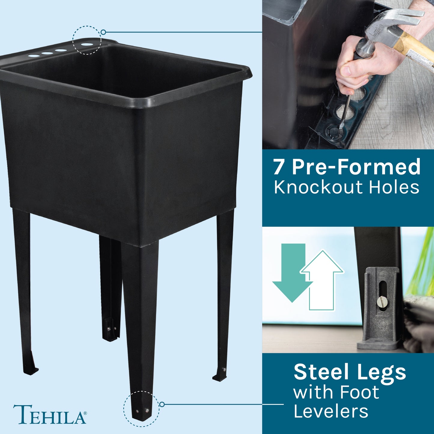 Tehila Space Saver Freestanding Black Utility Sink with Black Finish Gooseneck Faucet and Side Sprayer