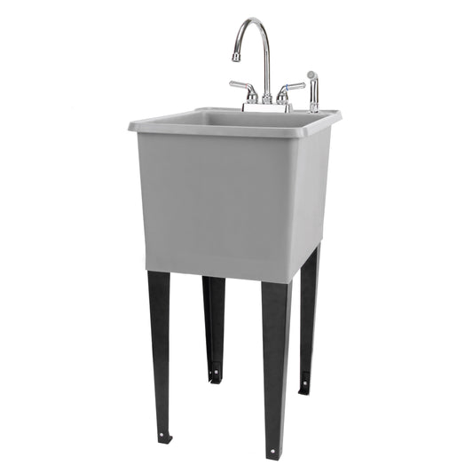 Tehila Space Saver Freestanding Grey Utility Sink with Chrome Finish Gooseneck Faucet and Side Sprayer