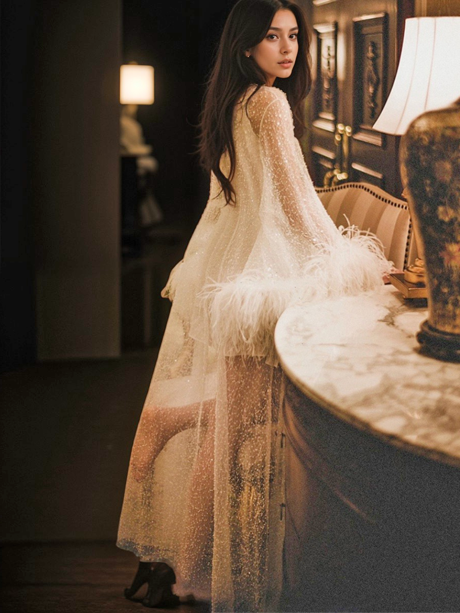 Ostrich Feather sequin mesh long robe dress with sequin nightgown pink ivory-size S-2XL next day shipping