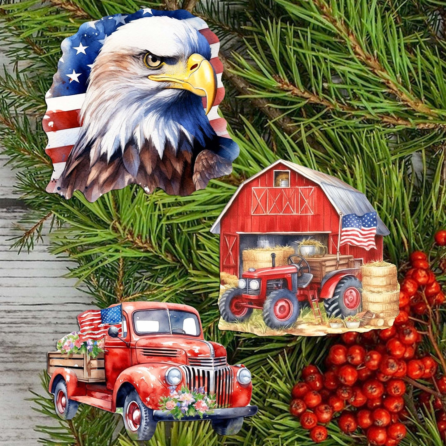 American flag Clip-On Eco Wood Decorative Ornaments Set of 3 by G. Debrekht - Patriotic Decor - 8091002C-S3