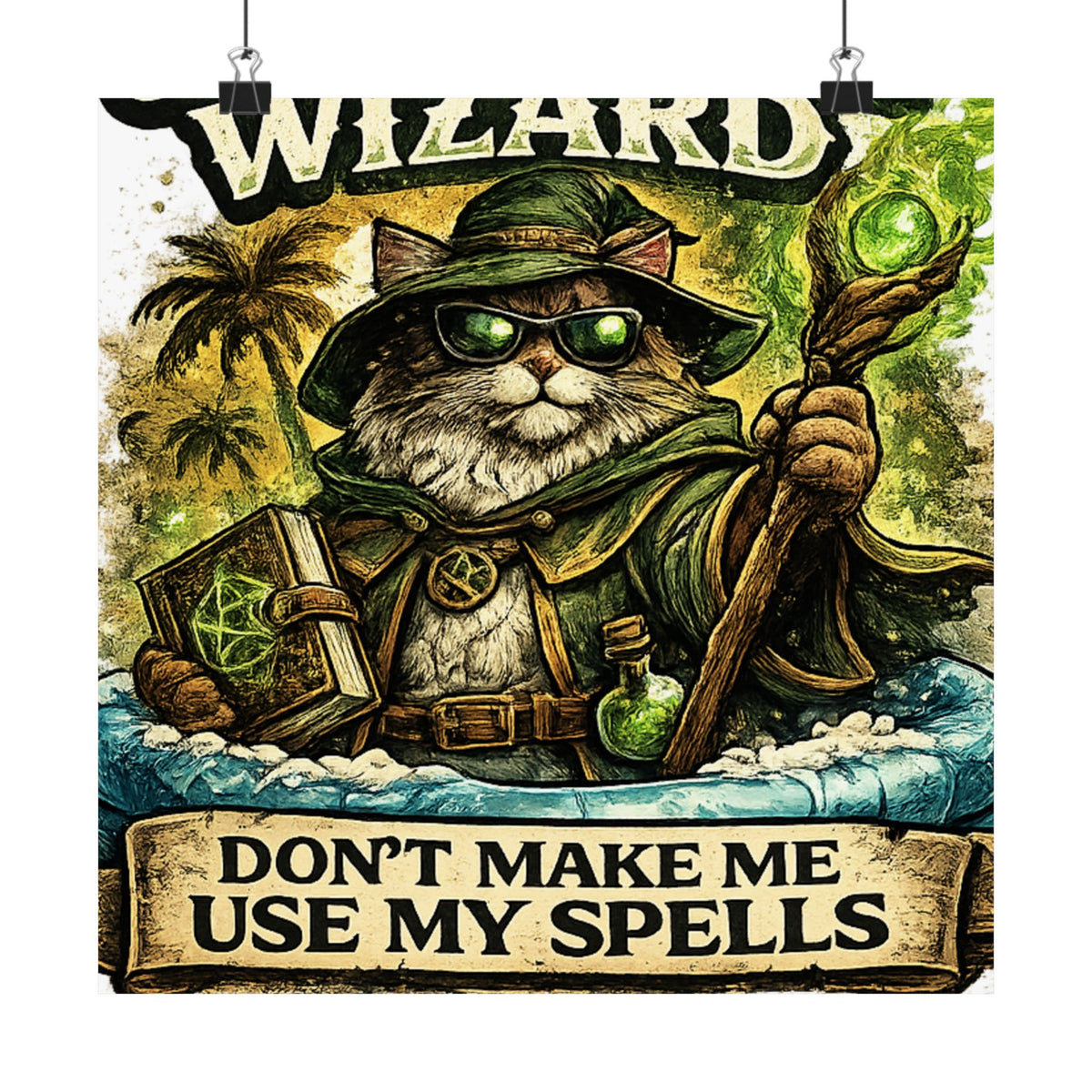 Crazy Cat Wizard Funny Fantasy Magic Art Poster