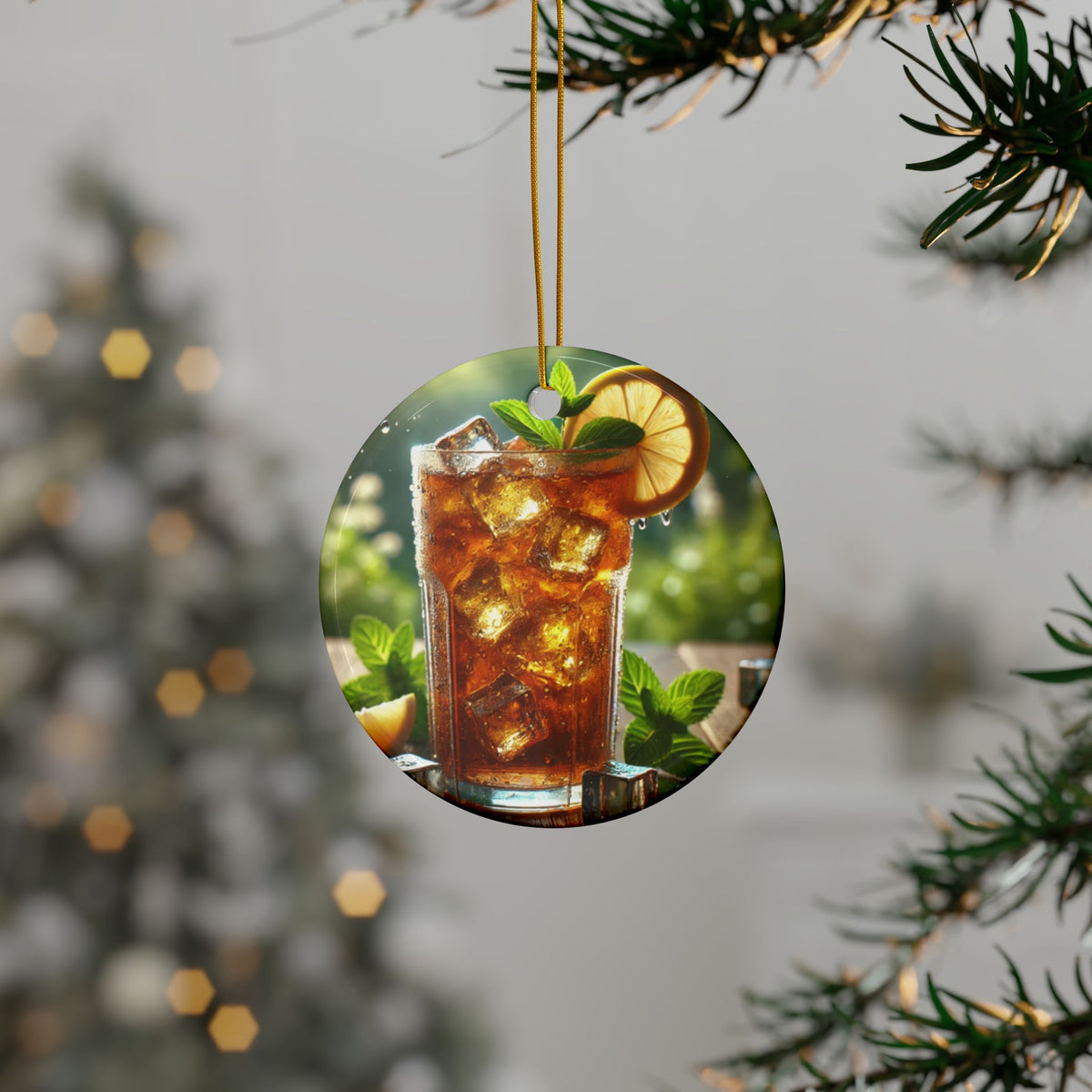 Sunlit Iced Tea Lemon Mint Ceramic Ornament, Holiday Keepsake and Gift