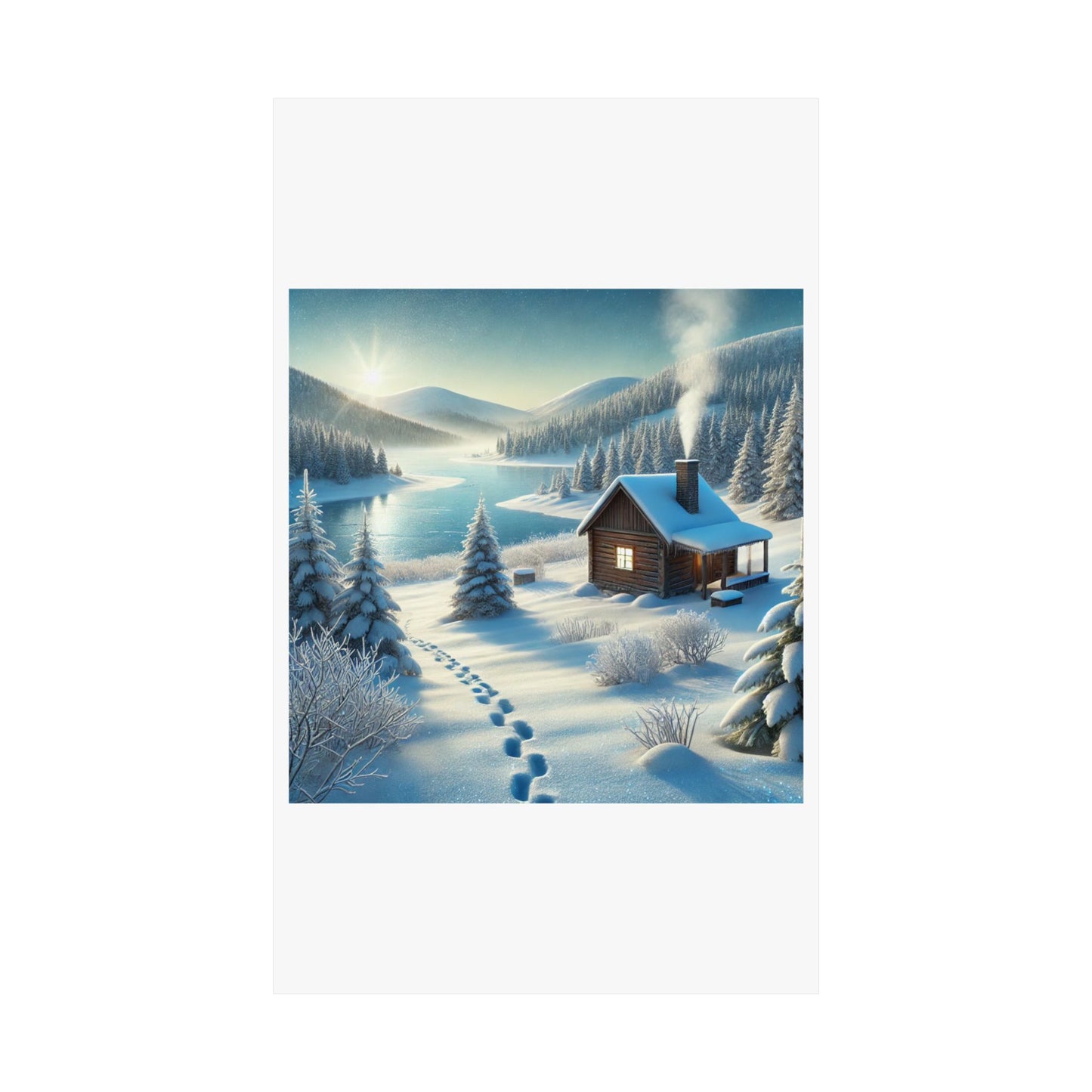 Snowy Cabin Winter Lake Landscape Art Poster