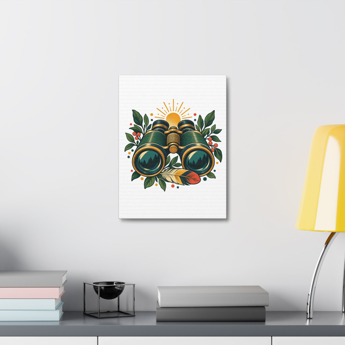 Retro Binoculars and Botanical Birdwatching Art Canvas