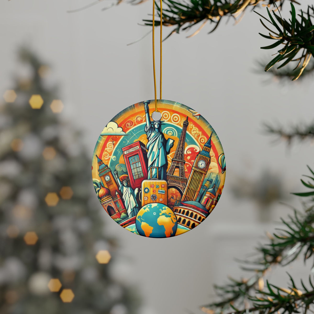 Global Landmark Adventure Collage Ceramic Ornament, Holiday Keepsake and Gift