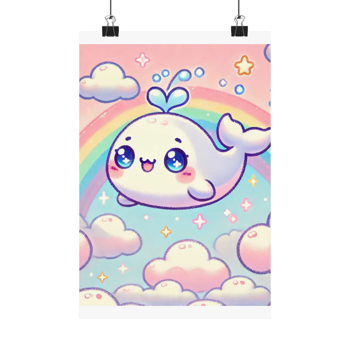Kawaii Rainbow Whale Pastel Cloud Wall Art Poster