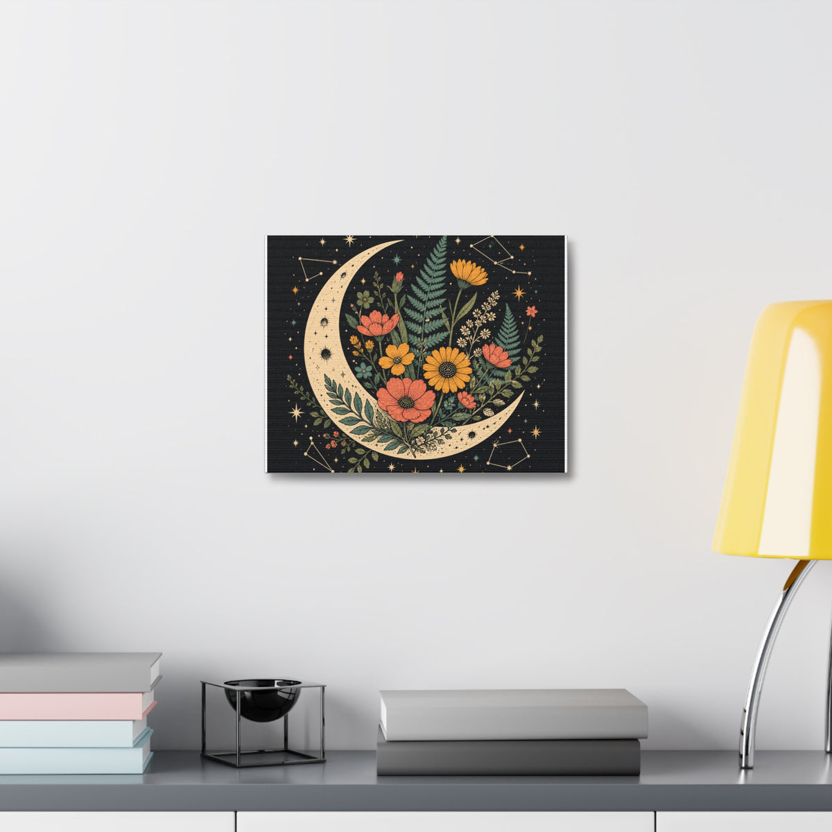 Celestial Wildflower Crescent Moon Botanical Canvas Art