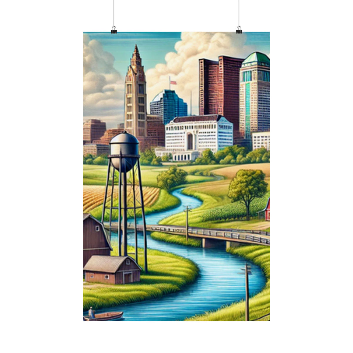 Rural River City Skyline Hometown Landscape Poster Art