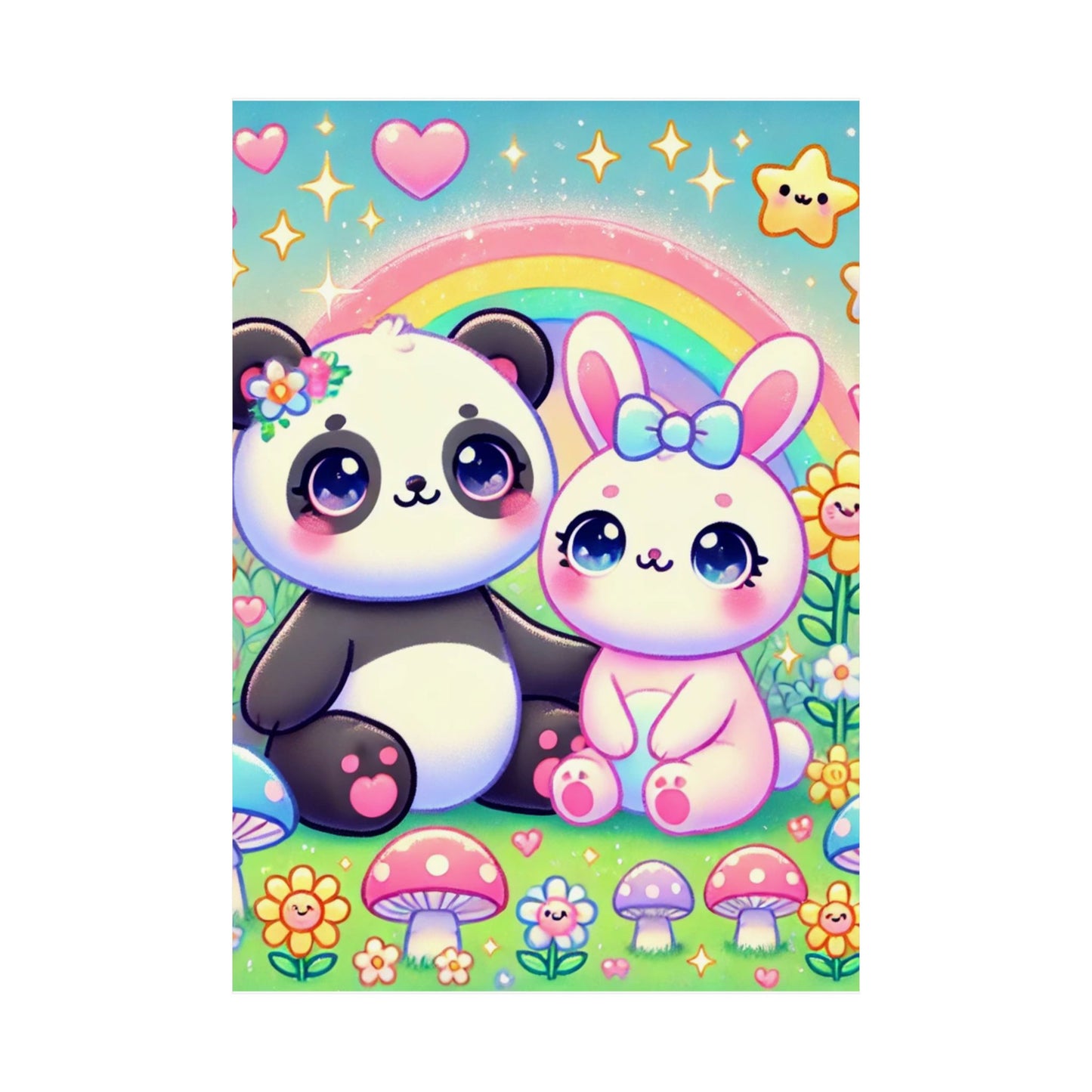 Pastel Panda and Bunny Rainbow Garden Wall Art Poster