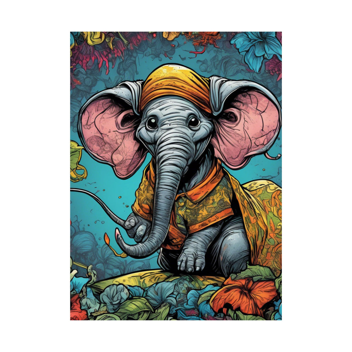Colorful Storybook Elephant Floral Garden Wall Art Poster