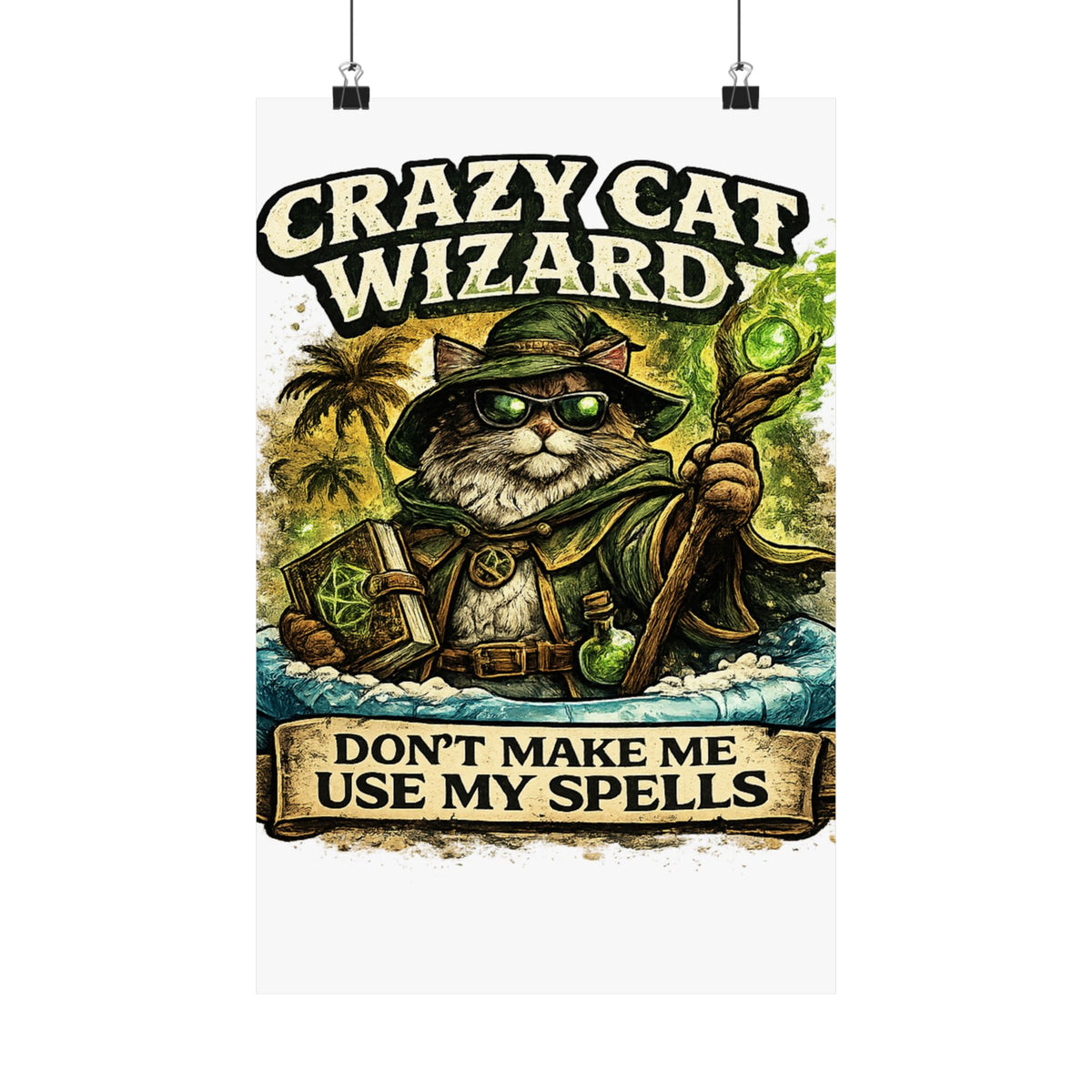 Crazy Cat Wizard Funny Fantasy Magic Art Poster