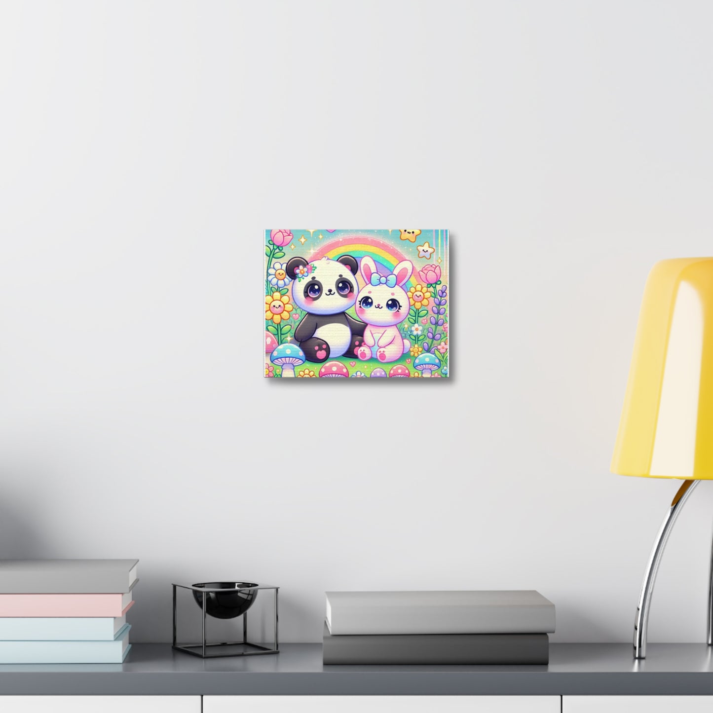 Pastel Panda and Bunny Rainbow Garden Canvas Wall Art