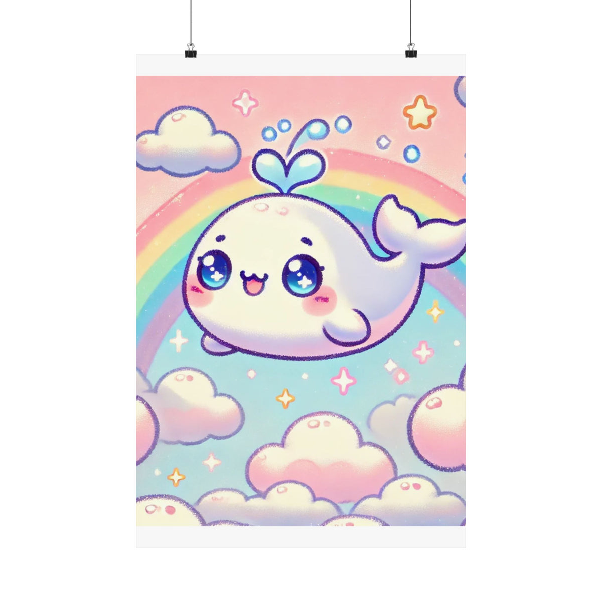 Kawaii Rainbow Whale Pastel Cloud Wall Art Poster