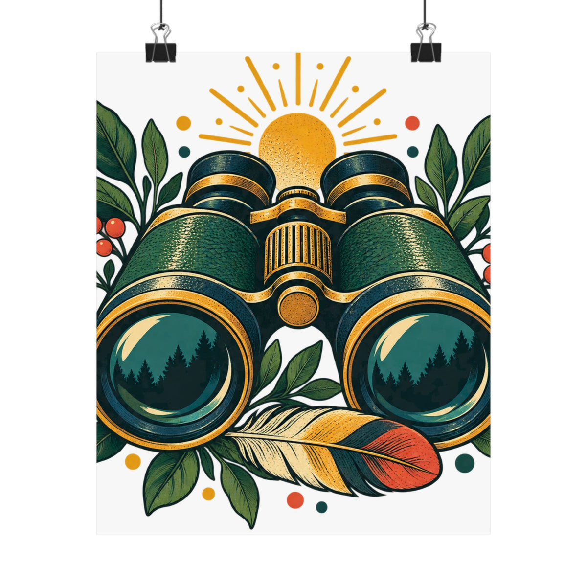 Retro Binoculars and Botanical Birdwatching Art Poster