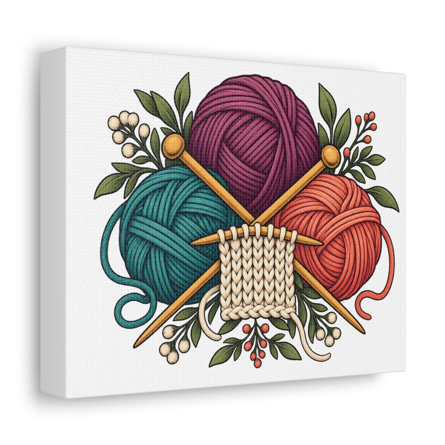 Retro Yarn and Knitting Botanical Art Canvas