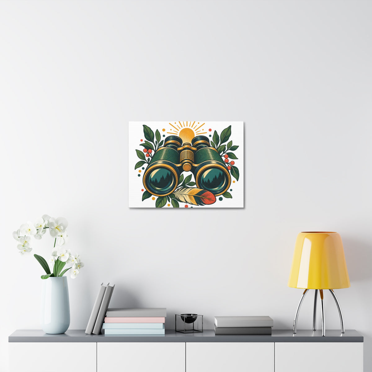 Retro Binoculars and Botanical Birdwatching Art Canvas