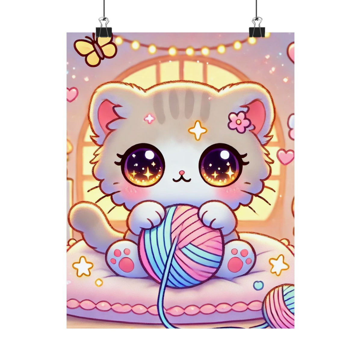 Cozy Kawaii Knitting Cat Pastel Yarn Wall Art Poster