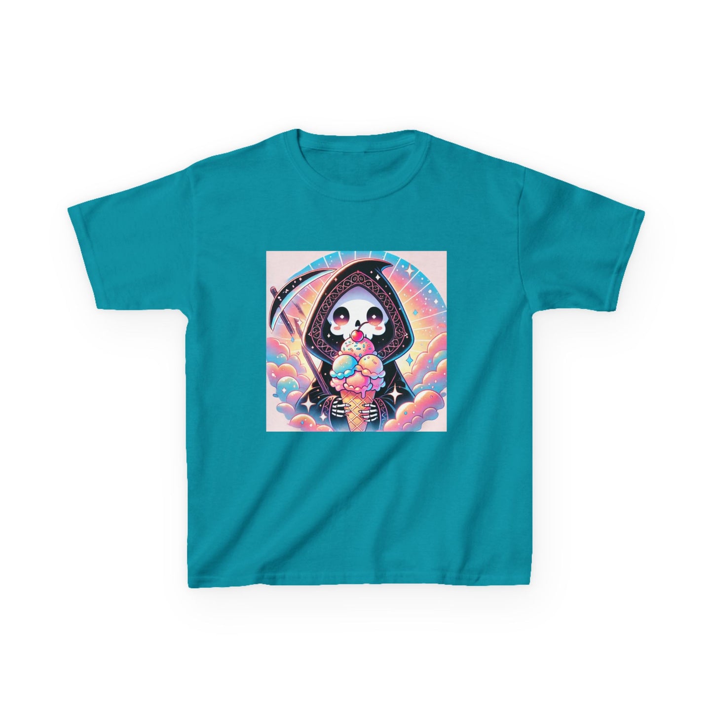 Grim Reaper Ice Cream Kawaii Anime Kids Short Sleeve Tee - Cute & Stylish Graphic T-Shirt - Fun Gift for Boys Girls!
