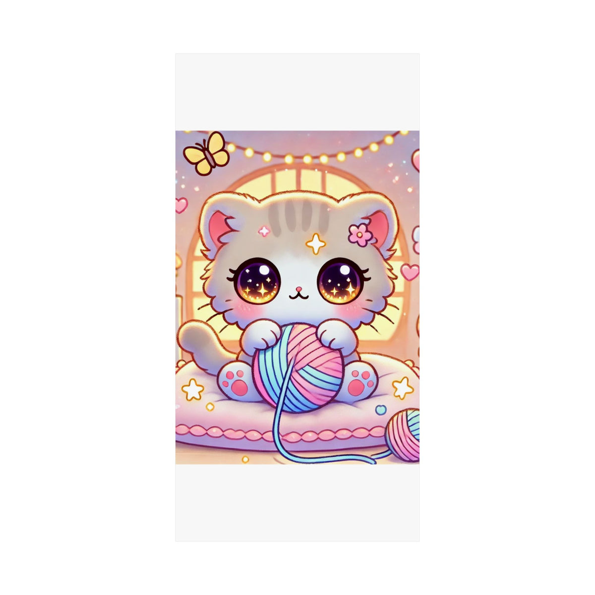 Cozy Kawaii Knitting Cat Pastel Yarn Wall Art Poster