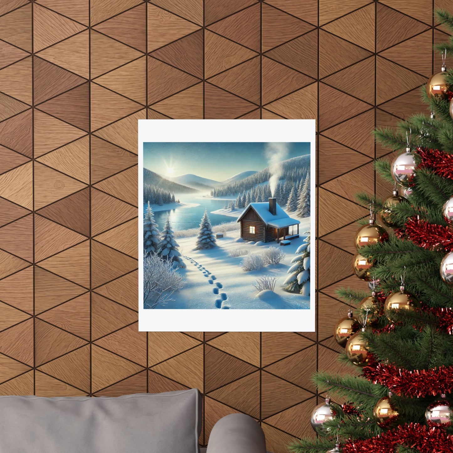 Snowy Cabin Winter Lake Landscape Art Poster