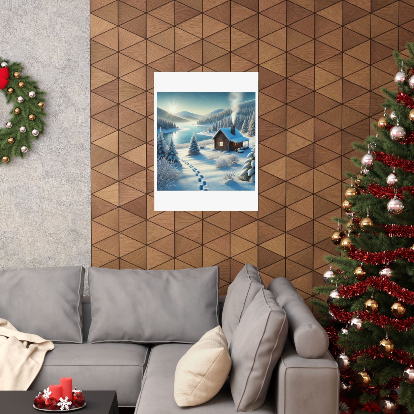 Snowy Cabin Winter Lake Landscape Art Poster
