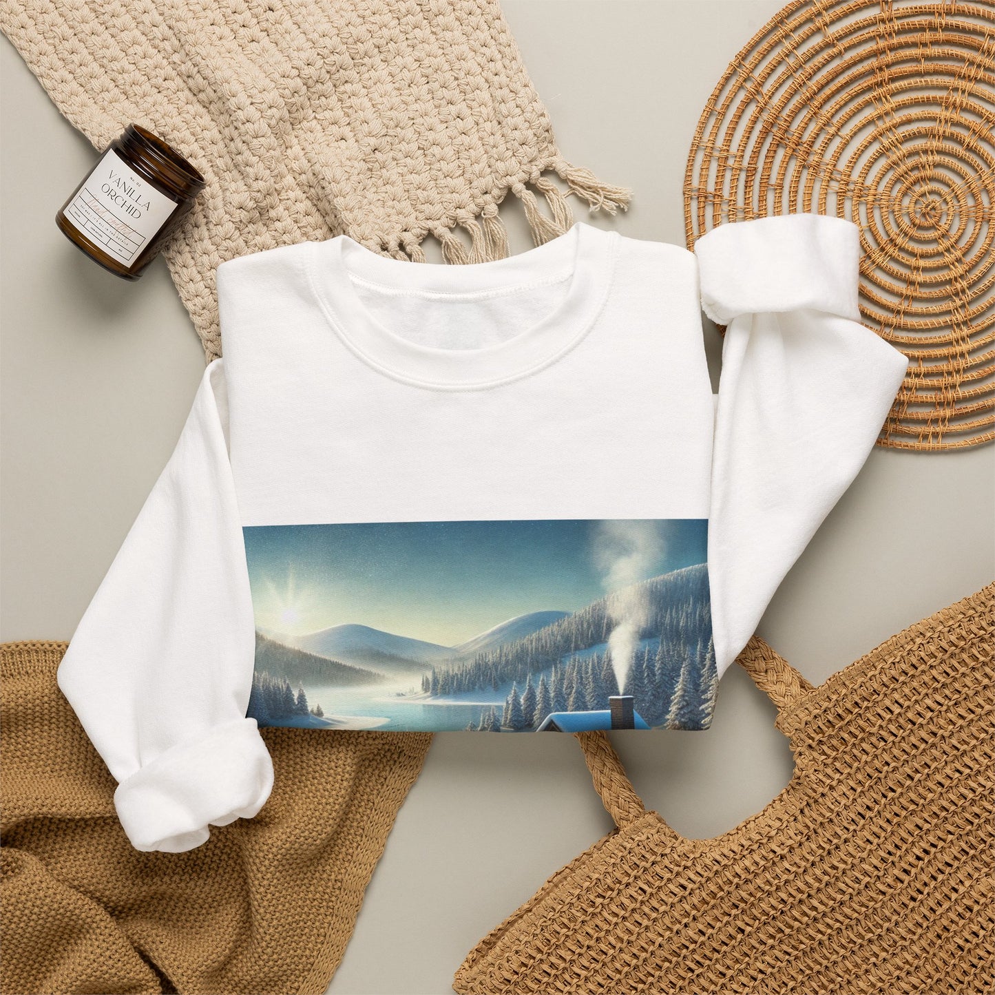 Snowy Cabin Winter Lake Landscape Art Sweatshirt