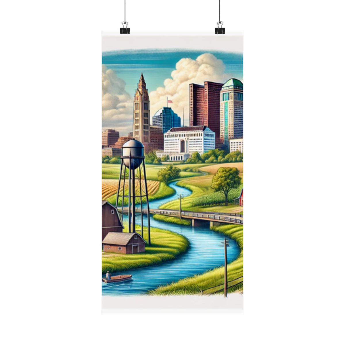 Rural River City Skyline Hometown Landscape Poster Art