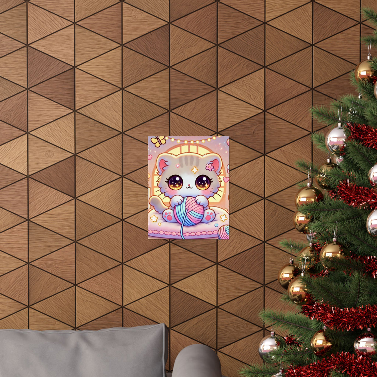 Cozy Kawaii Knitting Cat Pastel Yarn Wall Art Poster