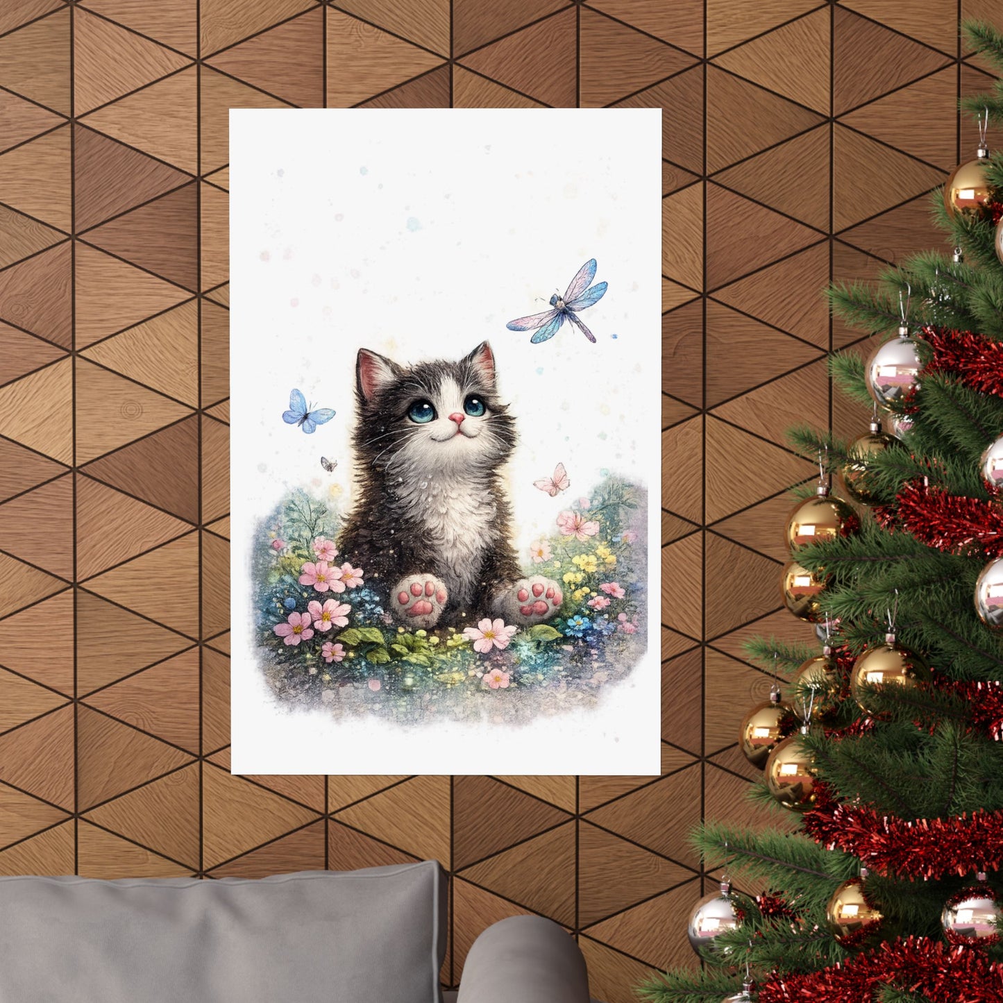 Whimsical Kitten Butterfly Garden Art Poster