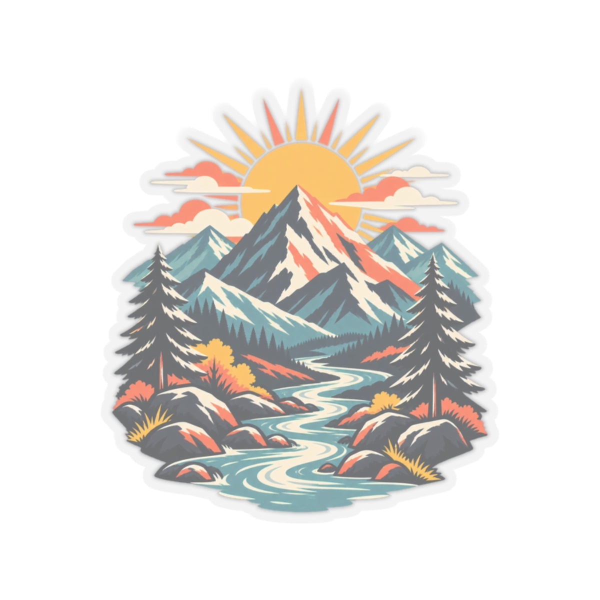 Alpine Sunrise River Mountain Adventure Art Sticker