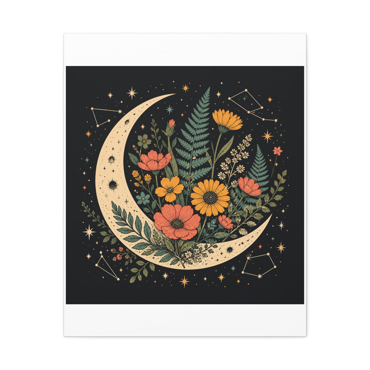 Celestial Wildflower Crescent Moon Botanical Canvas Art