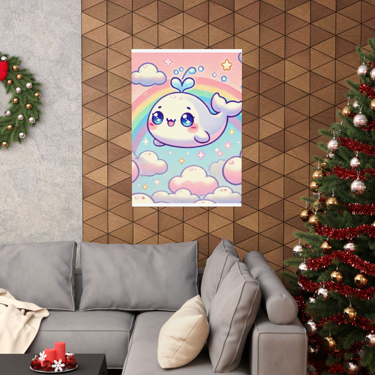 Kawaii Rainbow Whale Pastel Cloud Wall Art Poster
