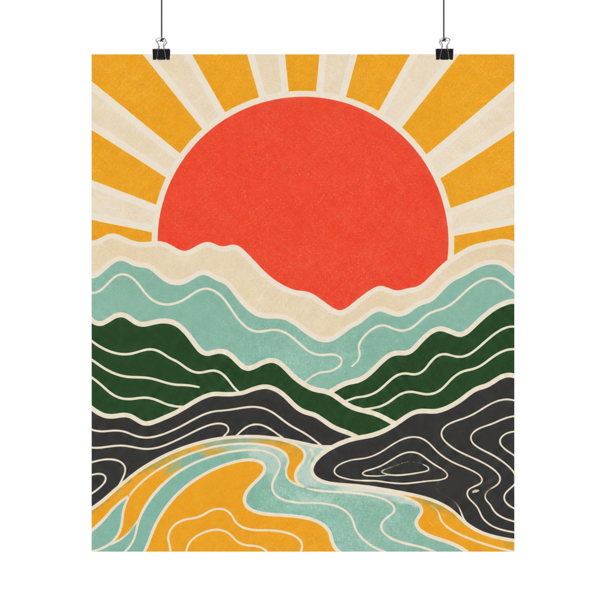 Topographic Sunrise Mid Century Mountain Art Poster
