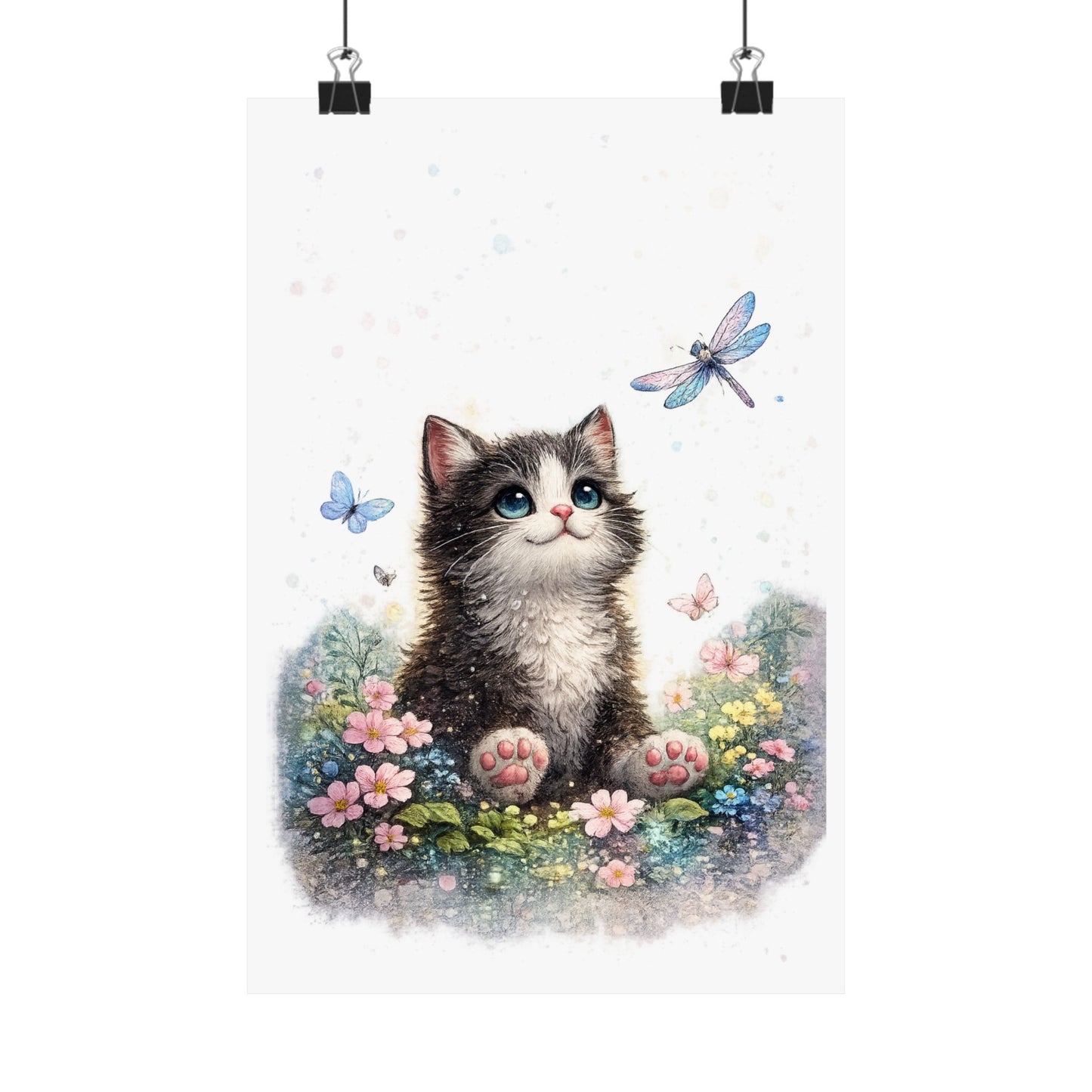 Whimsical Kitten Butterfly Garden Art Poster