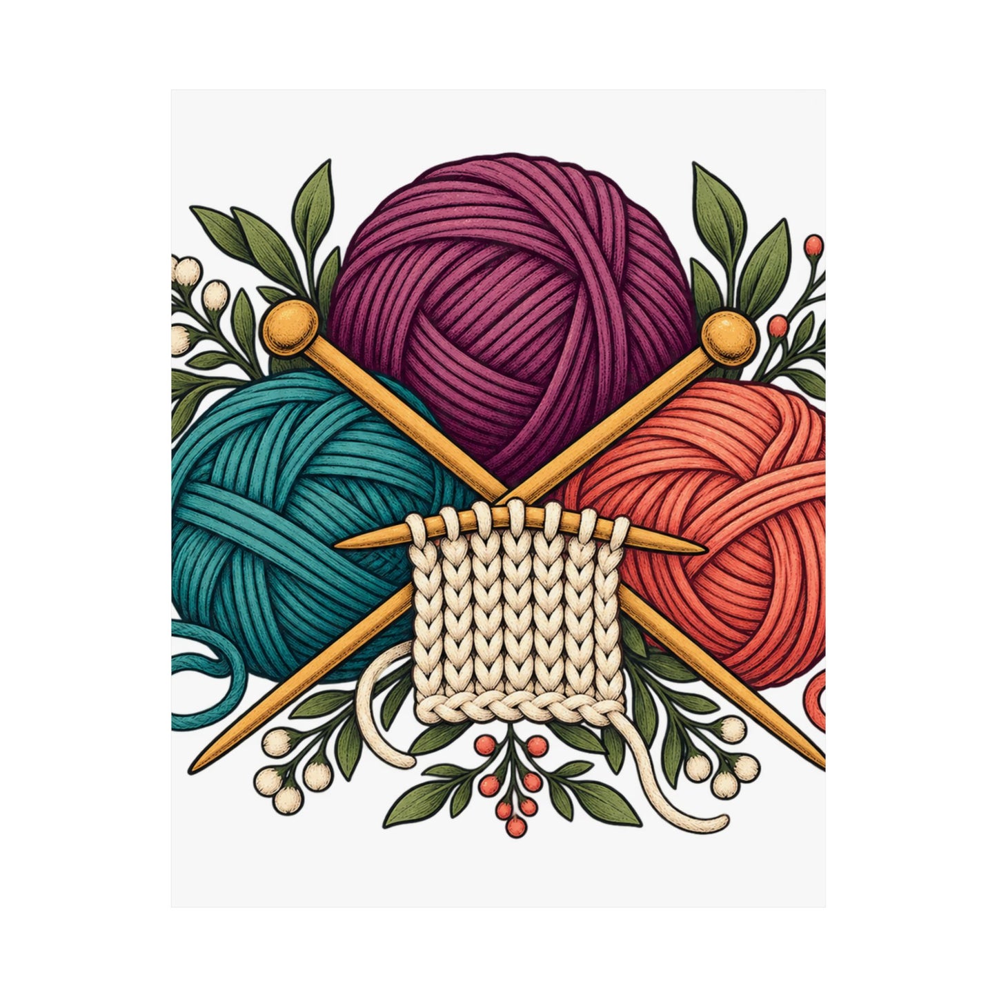 Retro Yarn and Knitting Botanical Art Poster