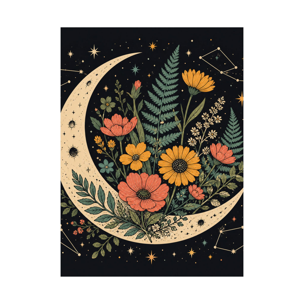 Celestial Wildflower Crescent Moon Botanical Art Poster