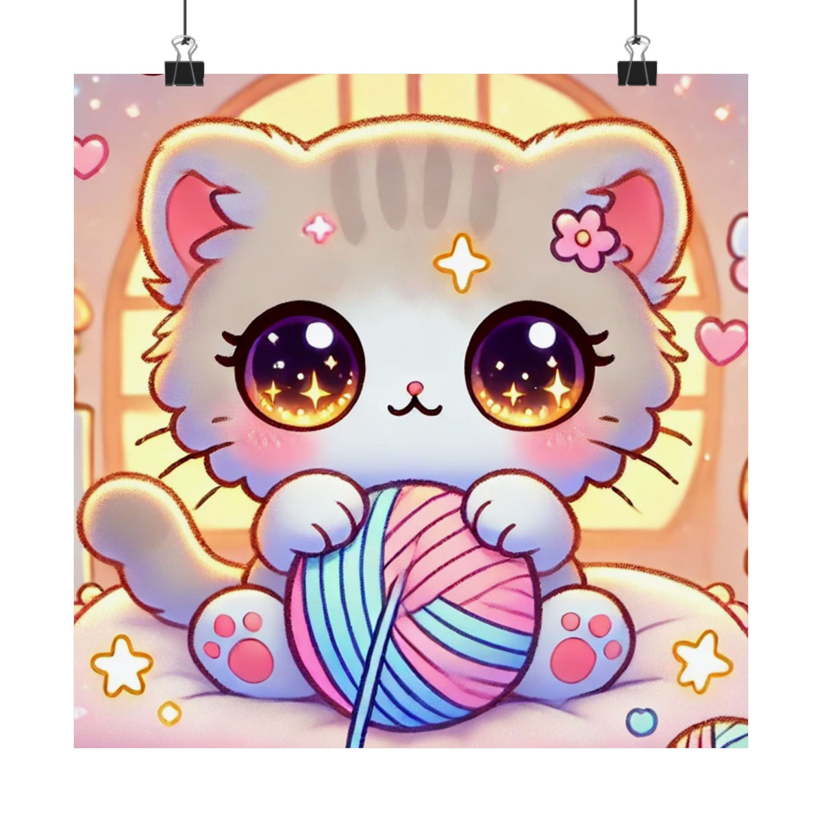 Cozy Kawaii Knitting Cat Pastel Yarn Wall Art Poster