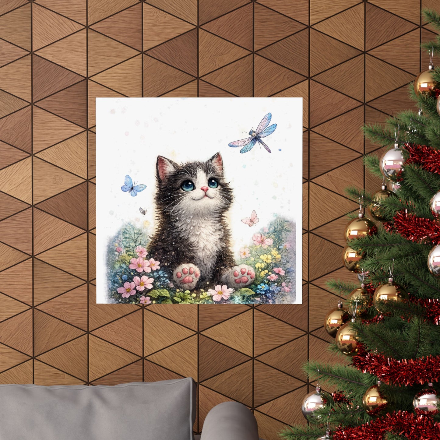 Whimsical Kitten Butterfly Garden Art Poster