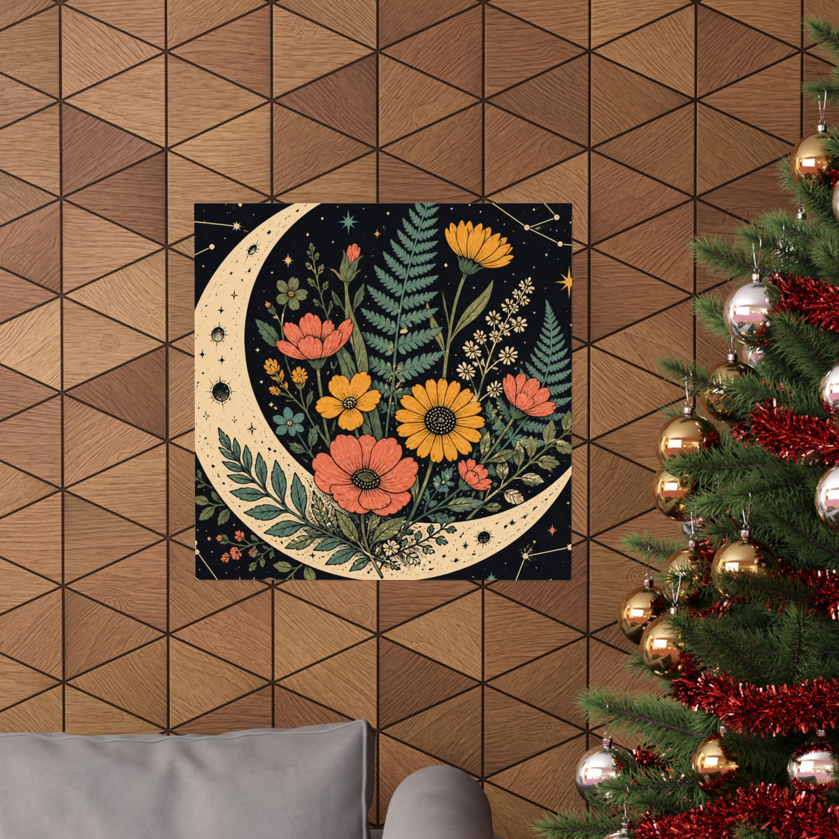Celestial Wildflower Crescent Moon Botanical Art Poster