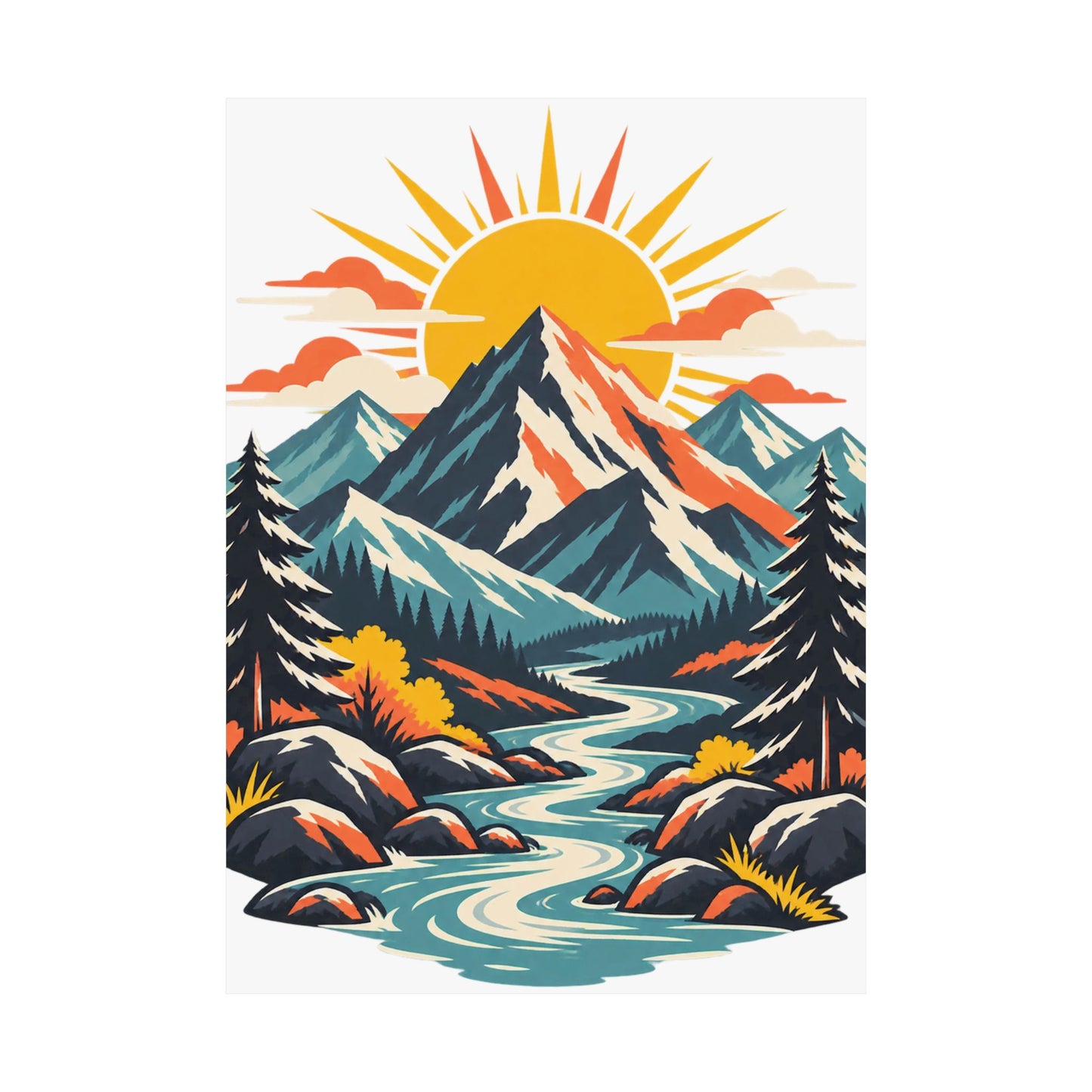 Alpine Sunrise River Mountain Adventure Art Poster