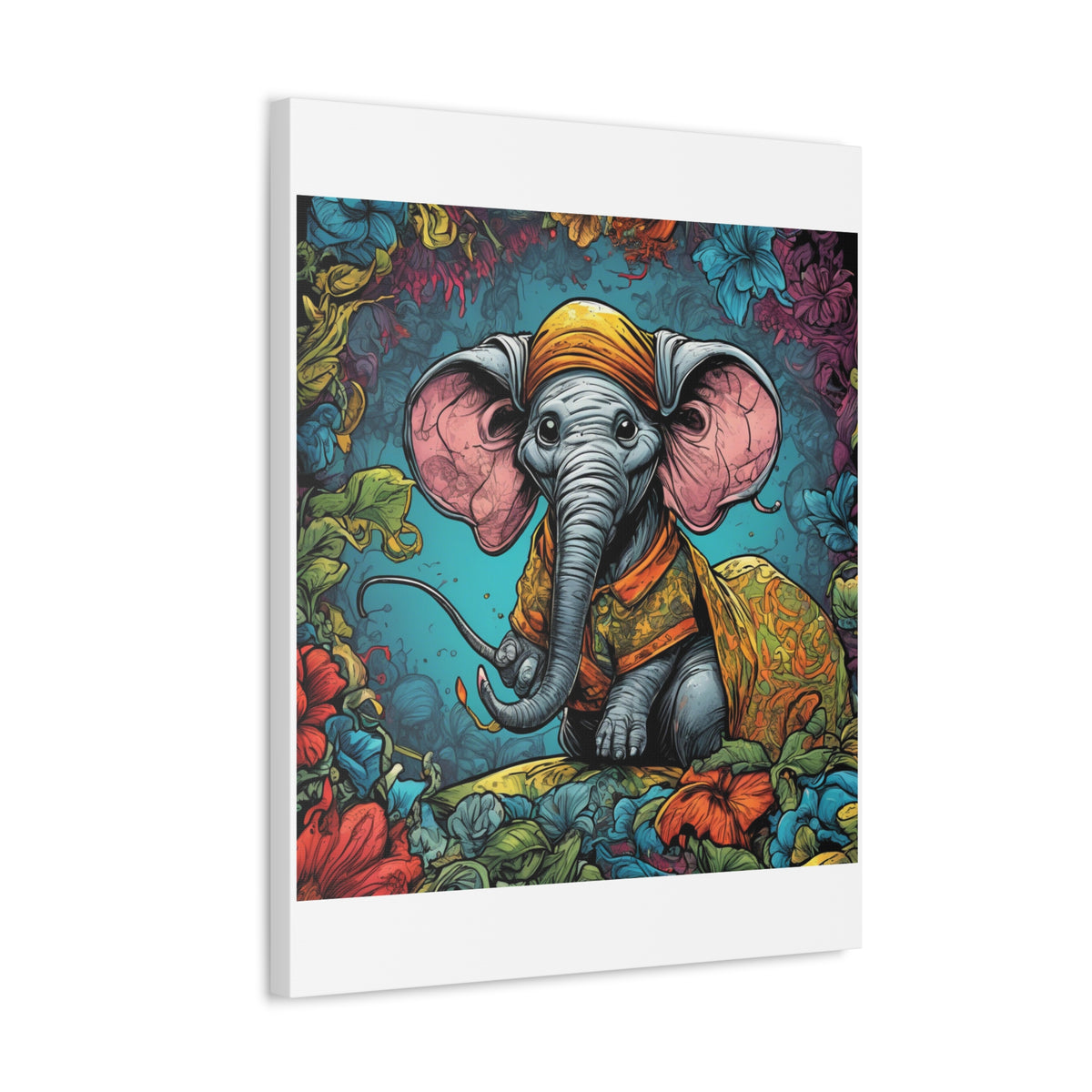 Colorful Storybook Elephant Floral Garden Canvas Wall Art