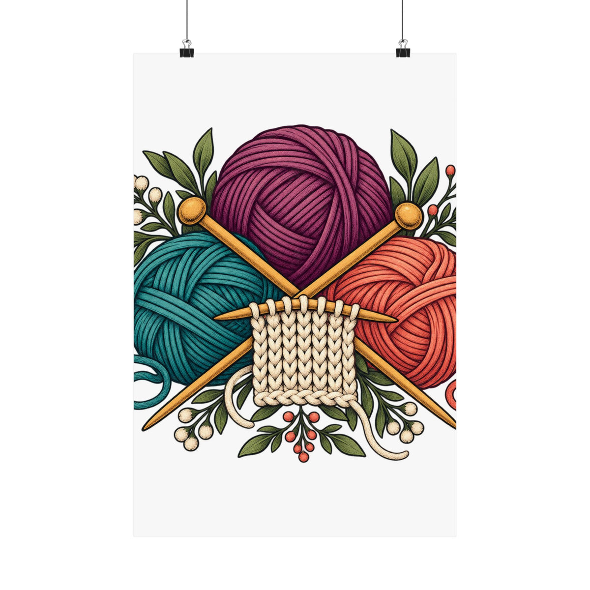 Retro Yarn and Knitting Botanical Art Poster