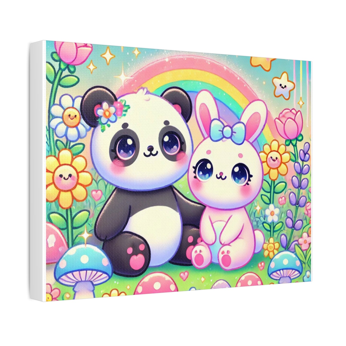 Pastel Panda and Bunny Rainbow Garden Canvas Wall Art