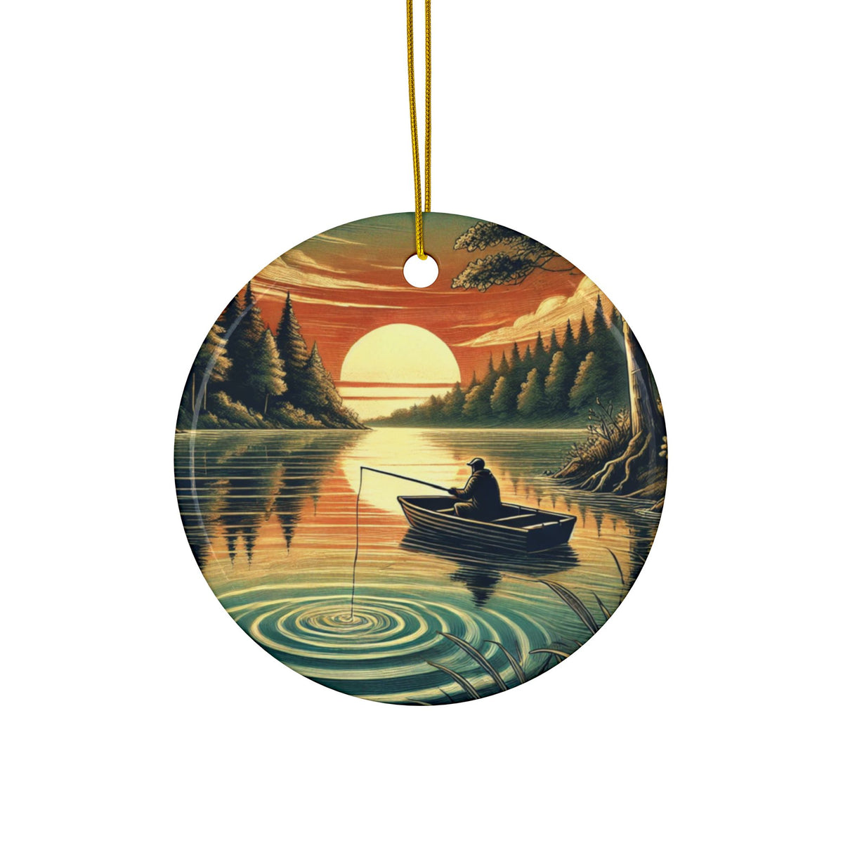 Sunset Lake Fishing Retreat Ceramic Ornament, Holiday Keepsake and Gift