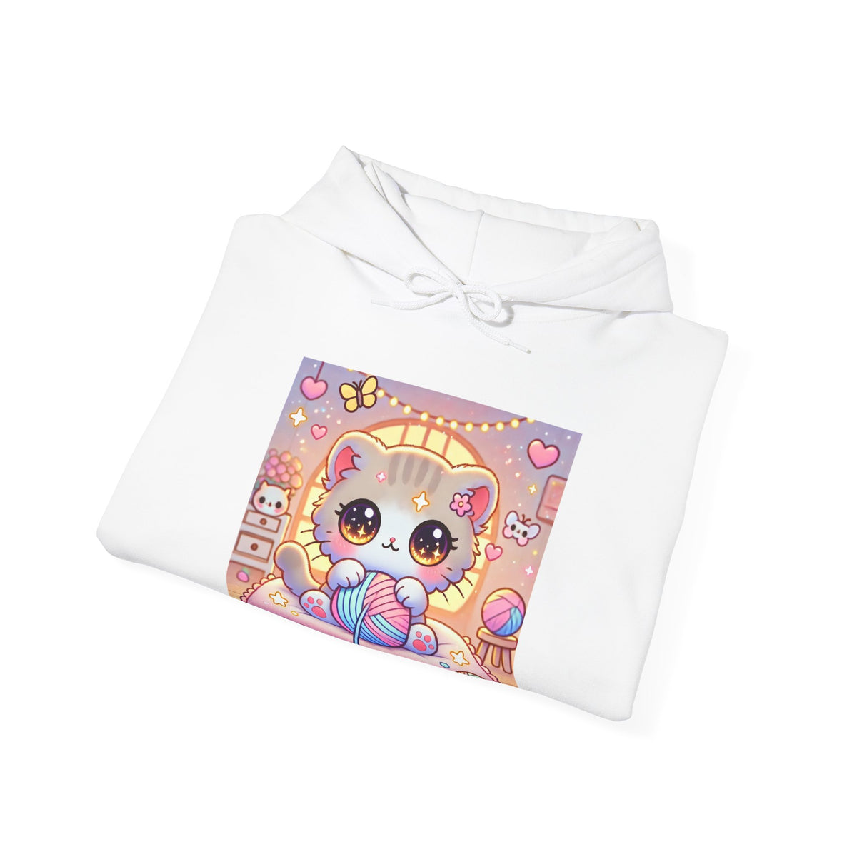 Cozy Kawaii Knitting Cat Pastel Yarn Hoodie